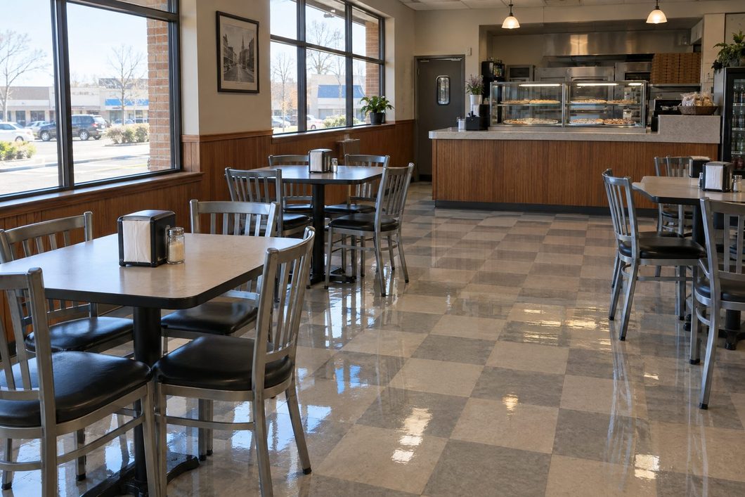 Illustration of the same floor after stripping, waxing and buffing, with a high gloss