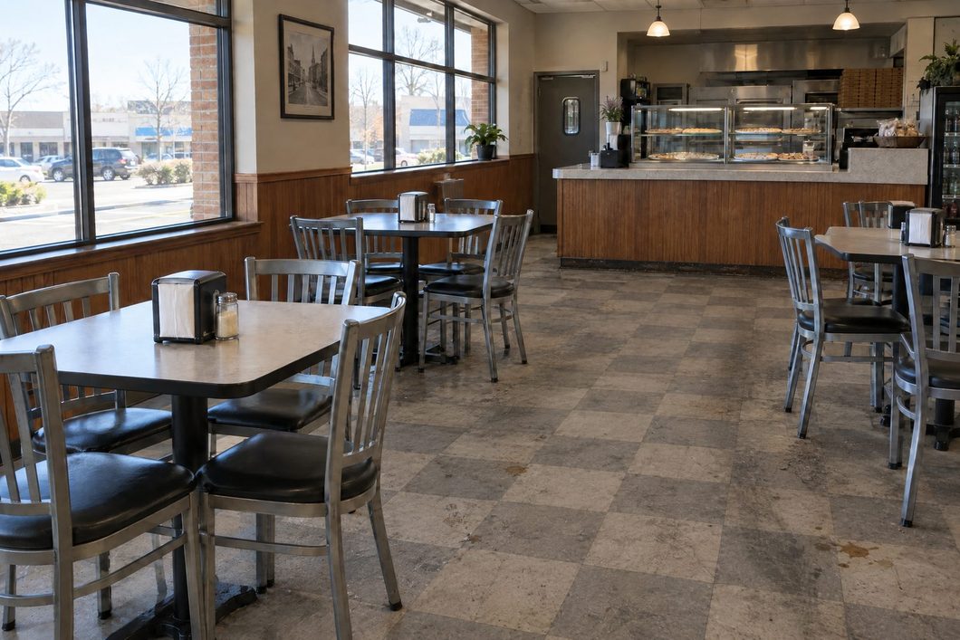 Illustration of a dull, scuffed grey vinyl tile floor before a strip and wax