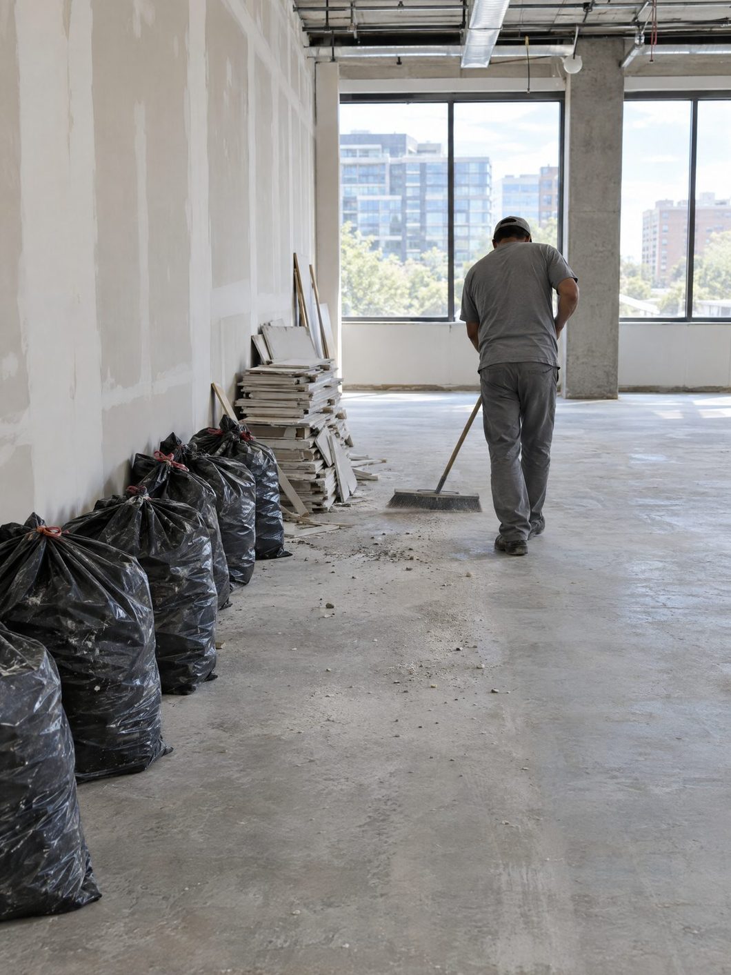 Post-construction cleanup in progress with debris bagged