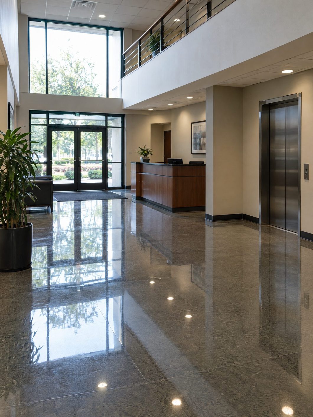 Commercial lobby with a mirror-finish floor