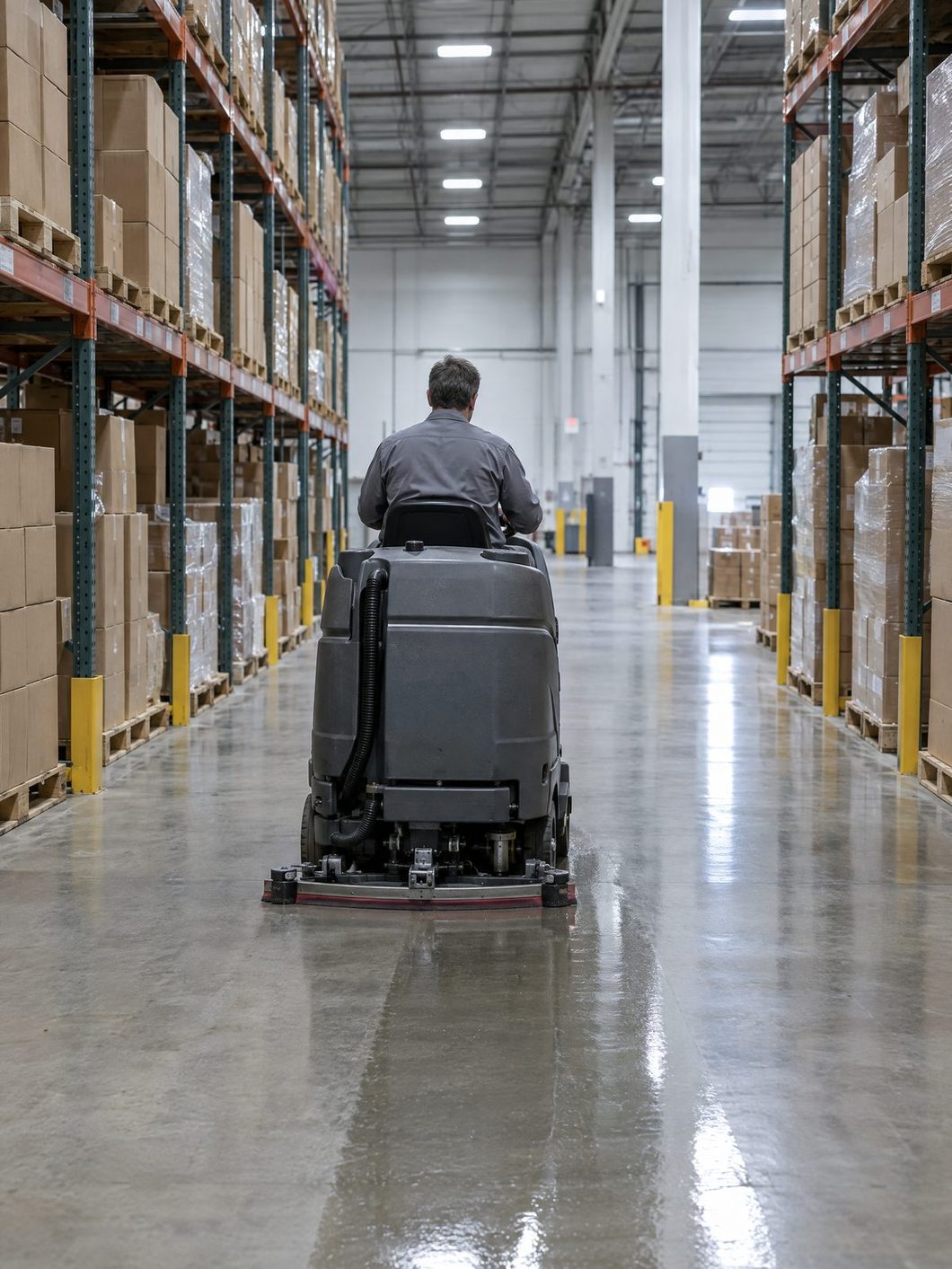 Warehouse floor scrubbed with a ride-on machine
