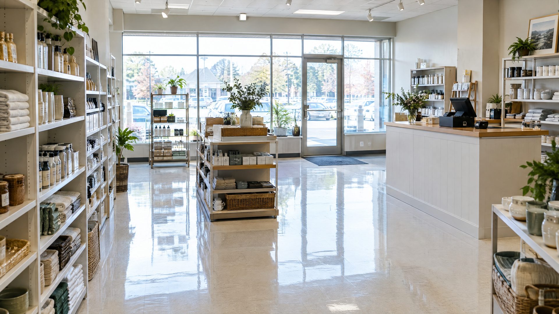 Small retail store with white shelving and a polished floor