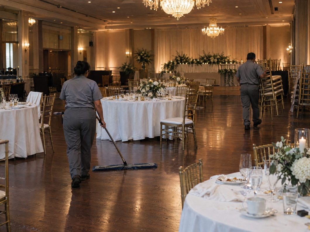 Event hall after a function, crew clearing tables and floor