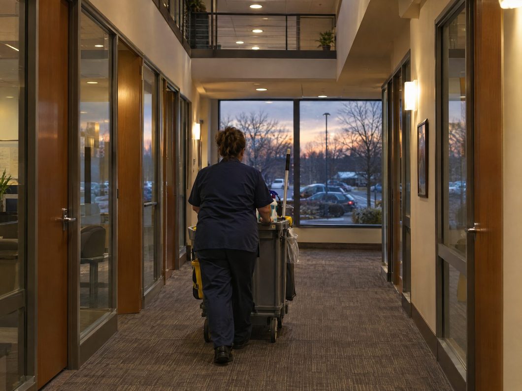 Cleaner with a janitorial cart in an office corridor in the evening