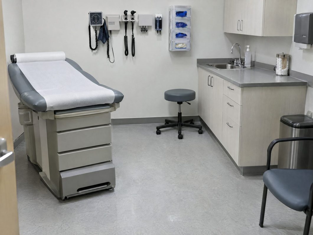 Medical exam room with disinfected surfaces and a spotless exam table