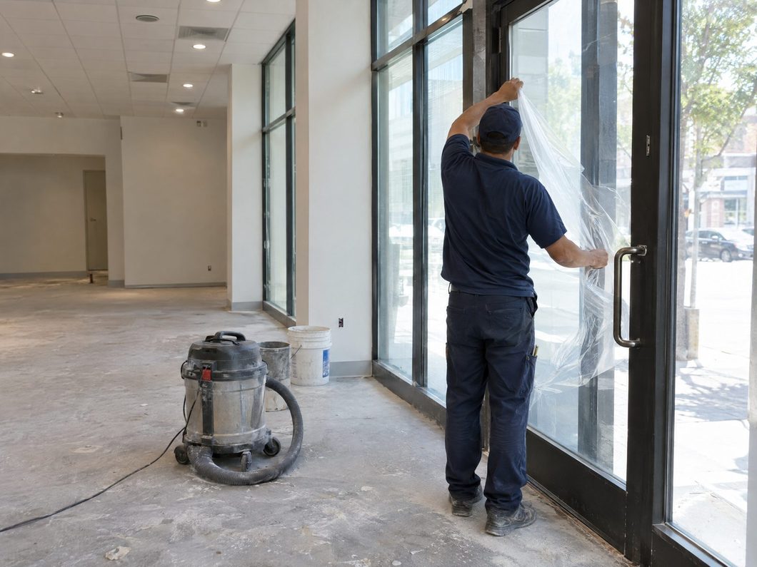 New retail unit after a fit-out, dust being cleared and protective film coming off
